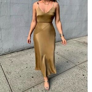 & OTHER STORIES Rope Strap Midi Satin Slip Dress Wedding Guest Cocktail Tan Sz 4